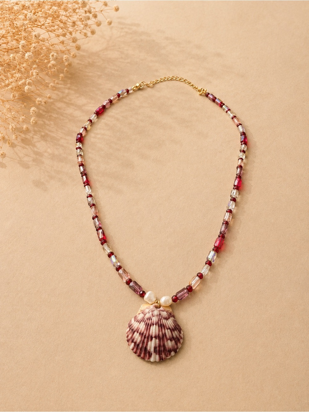 Sea Shell Pendant Beaded Necklace - holographic colors